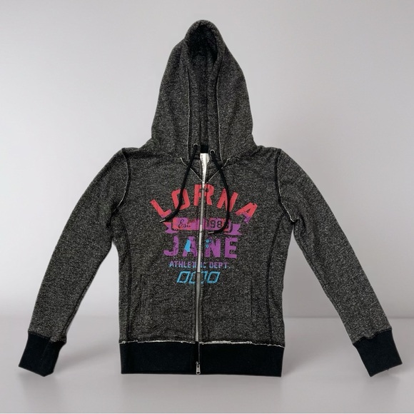 👩🏼🎤 NWT Lorna Jane Zip-Up Hoodie~Women’s Sz Sm~Charcoal & Black~Bright Logo - Picture 2 of 9